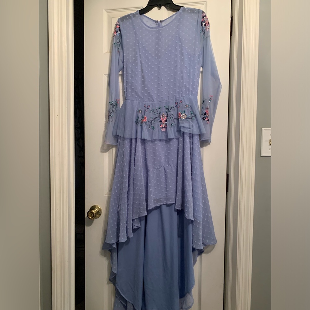 Periwinkle hi low embroidered dress!
